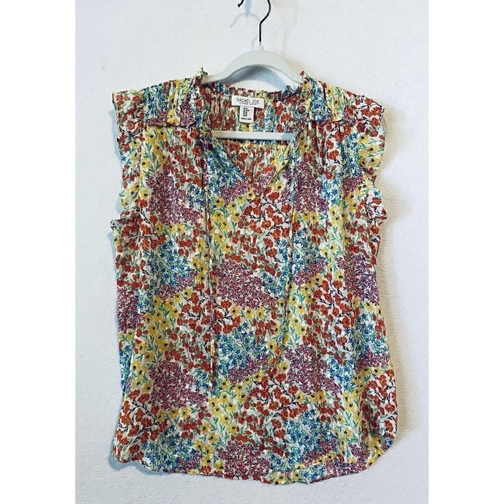 Rachel Zoe Top Womens Medium Ditsy Floral Ruffle Tie Neck Silky Boho Flirty